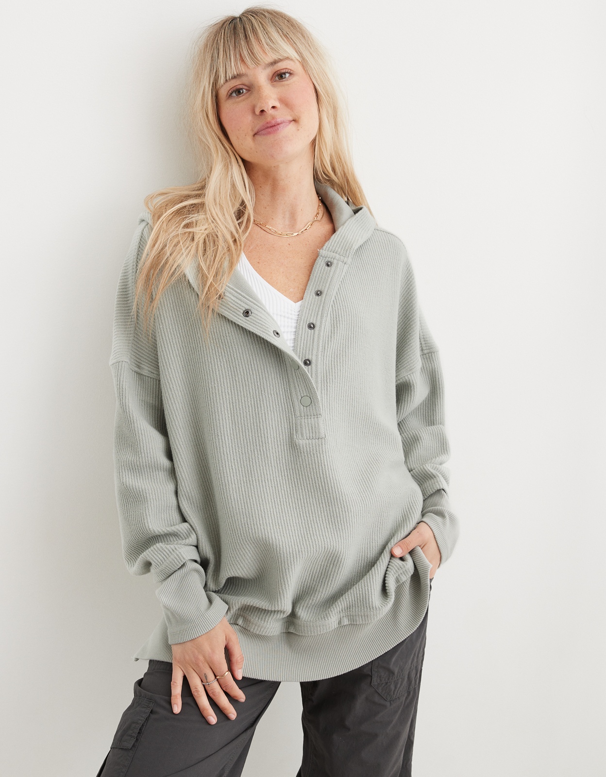 Buy Aerie Textured Henley Hoodie online American Eagle Outfitters