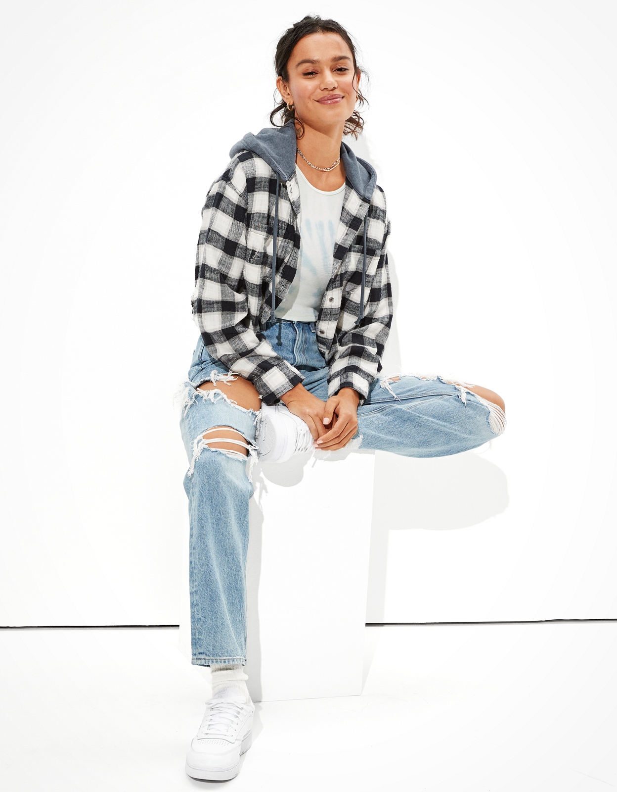 ae cropped hooded flannel shirt