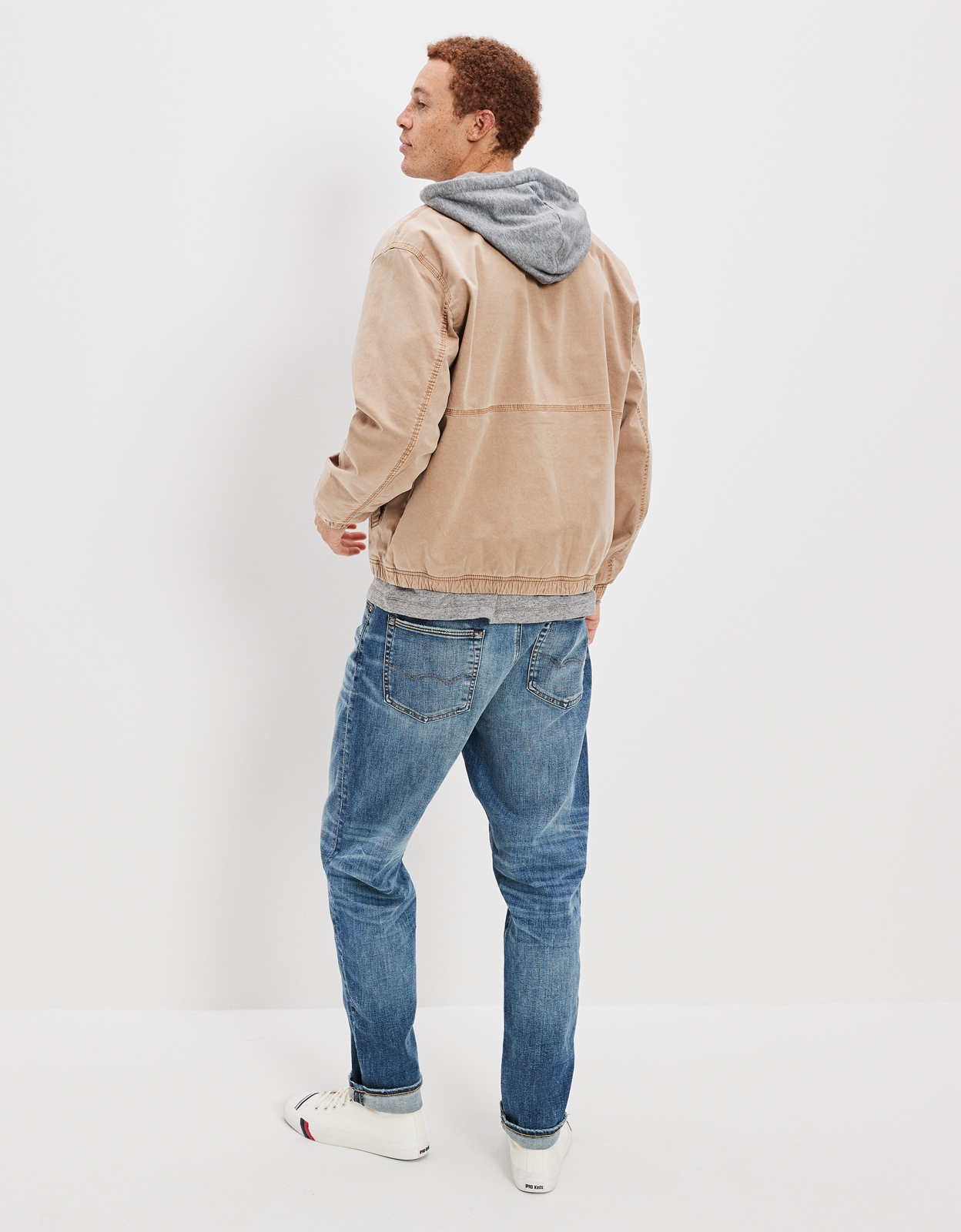 ae denim sherpa lined hooded bomber jacket