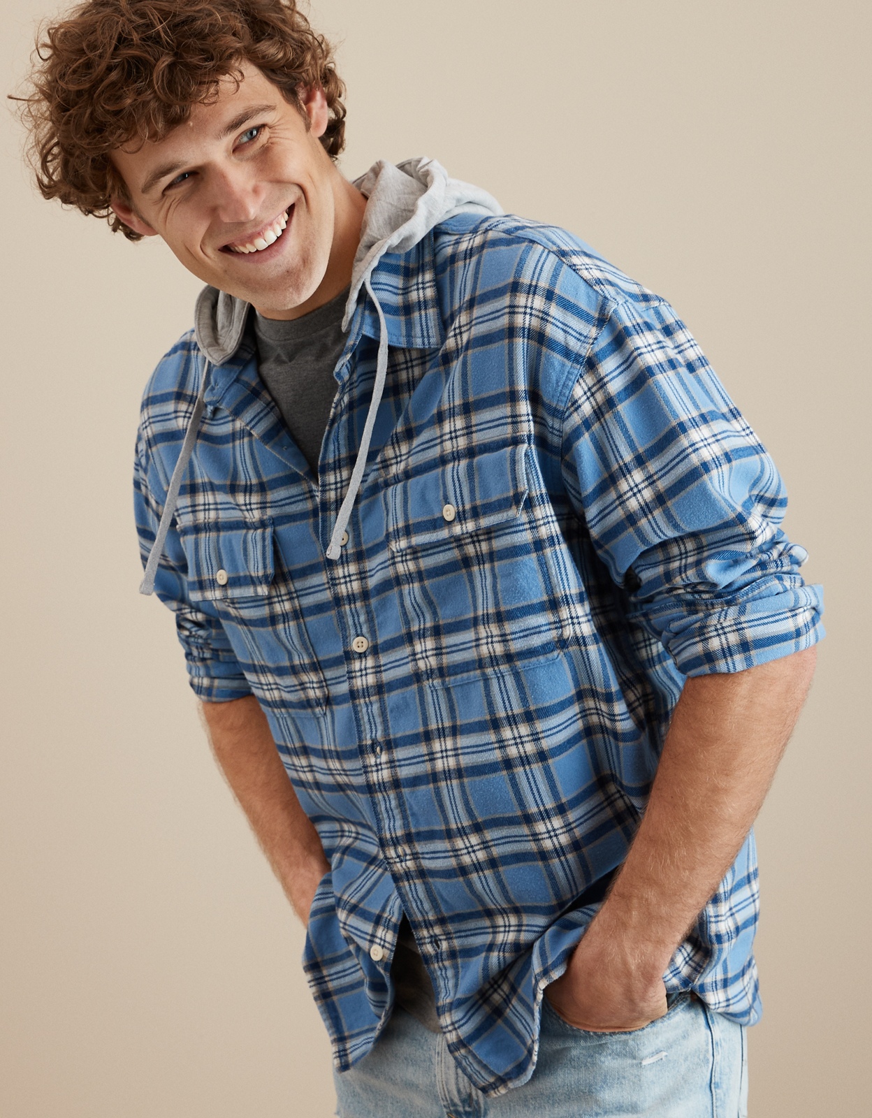 Blue flannel hoodie online mens